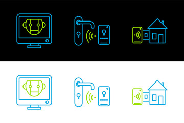 Canvas Print - Set line Smart home, Bot and Digital door lock with wireless technology for unlock icon. Vector