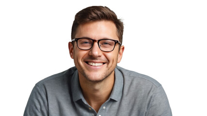 Portrait of a man with glasses. A young handsome man with a beard wearing a casual sweater and glasses. Happy face smiling with crossed arms looking at the camera. Positive person with PNG file.