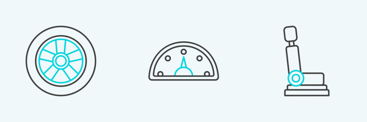 Poster - Set line Car seat, wheel and Speedometer icon. Vector