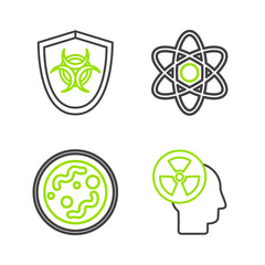 Wall Mural - Set line Human head and a radiation, Bacteria, Atom and Biohazard symbol shield icon. Vector