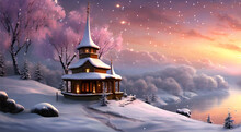 This Image Depicts A Beautiful Village Covered In Warm Winter Snow. Generative AI.