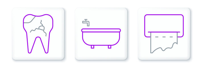 Poster - Set line Paper towel dispenser on wall, Broken tooth and Bathtub icon. Vector