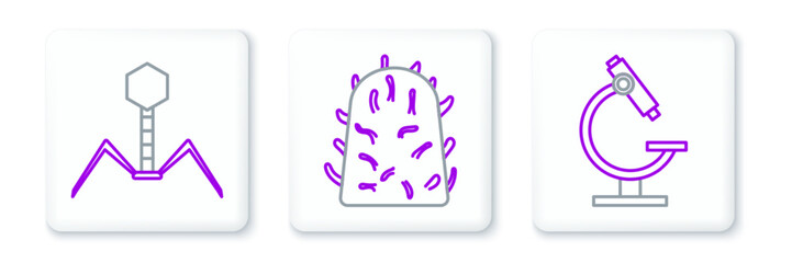 Sticker - Set line Microscope, Bacteria bacteriophage and Rabies virus icon. Vector