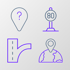 Poster - Set line Location on the globe, Road traffic sign, Speed limit and Unknown route point icon. Vector