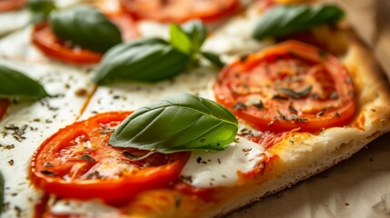 Wall Mural - A close-up of a slice of Margherita pizza, showcasing vibrant red tomatoes, fresh basil, and mozzarella