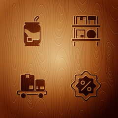 Sticker - Set Discount percent tag, Soda can, Hand truck and boxes and Warehouse interior with on wooden background. Vector