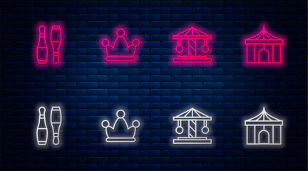 Sticker - Set line Jester hat with bells, Attraction carousel, Bowling pin and Circus tent. Glowing neon icon on brick wall. Vector