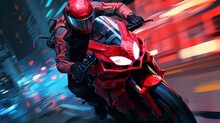A Red Suit Man On A Red Motorcycle With Speed