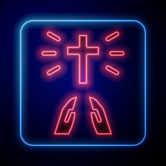 Wall Mural - Glowing neon Hands in praying position icon isolated on black background. Prayer to god with faith and hope. Vector