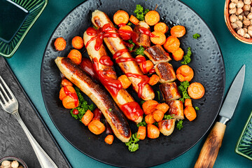 Wall Mural - Grilled succulent sausages served with carrots.