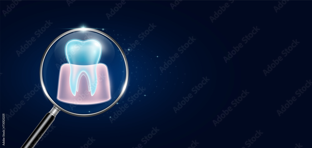 Gum tooth inside magnifying glass with scan search. Health care medical ...