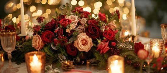 Sticker - A lovely display of roses and a winter-themed table decorate a wedding reception.