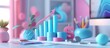 3D Render business growth bar chart with upward arrow in plastic cartoon style. AI generated