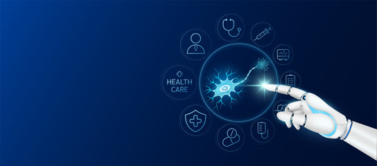 Wall Mural - Innovative technology in health care futuristic. Doctor robot cyborg finger touching nerve cell with medical icons. Human organ virtual interface. Ads banner empty space for text. Vector.