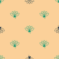 Wall Mural - Green and black Lotus flower icon isolated seamless pattern on beige background. Vector