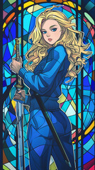 Wall Mural - Beautiful blonde with blue eyes stands with a katana in her hands