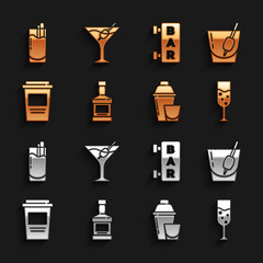 Wall Mural - Set Whiskey bottle, Cocktail Bloody Mary, Glass of champagne, shaker, Coffee cup to go, Street signboard with Bar, and Martini glass icon. Vector