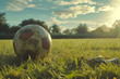 soccer ball on grass, football dirty, playing on pitch at sunset