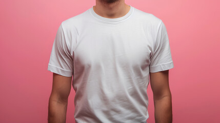 Wall Mural - Blank white t-shirt on man, clothing mockup, pink background