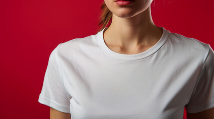 Wall Mural - Blank white t-shirt on woman, clothing mockup, red background