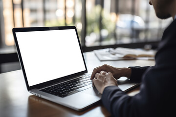 Businessman looking at an empty blank mockup screen, typing, planning, and analyzing data. Business technology concept