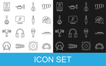Set line Tambourine, Drum and drum sticks, Music note, tone, Guitar, Banjo, Stereo speaker and Audio jack icon. Vector