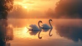 Fototapeta Zachód słońca - Two elegant swans glide on a tranquil lake, enveloped in the soft mist of an ethereal sunrise.