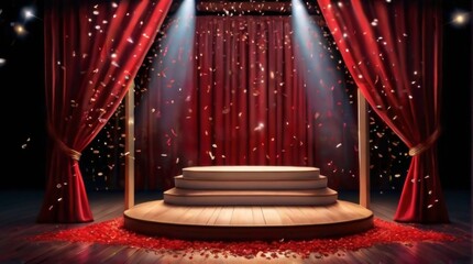 Empty Stand-Up comedy platform with falling red confetti under the glare of the spotlight. Design and advertising signage banner concept