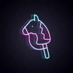 Wall Mural - Glowing neon line Toy horse icon isolated on black background. Vector