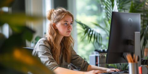 Wall Mural - young beautiful woman working at the office front of the computer in pretty nude makeup