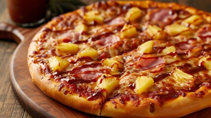 Wall Mural - A Hawaiian pizza with pineapple, ham, and a drizzle of sweet barbecue sauce