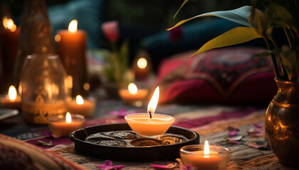 Wall Mural - Cozy candlelight illuminates the tranquil room, creating a harmonious ambiance generated by AI