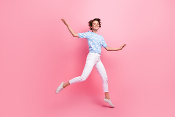 Sticker - Full size portrait of cheerful gorgeous girl jumping flying have good mood isolated on pink color background