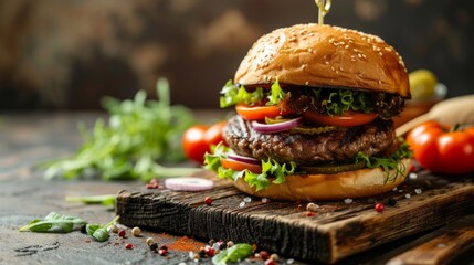 A handcrafted gourmet burger served on a rustic wooden board, surrounded by fresh ingredients
