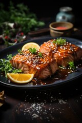 Wall Mural - Grilled Teriyaki Salmon with Sesame Seeds. Best For Banner, Flyer, and Poster