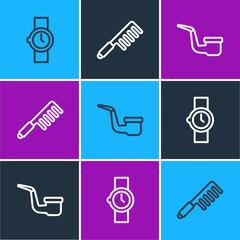 Wall Mural - Set line Wrist watch, Smoking pipe and Hairbrush icon. Vector