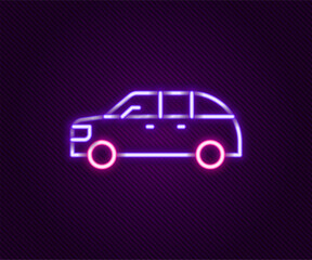 Canvas Print - Glowing neon line Hatchback car icon isolated on black background. Colorful outline concept. Vector