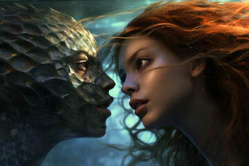 Wall Mural - Generative ai creative collage of two fantasy creature battle female brave fighter knight and amphibian beast