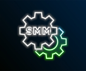 Canvas Print - Glowing neon line SMM icon isolated on black background. Social media marketing, analysis, advertising strategy development. Colorful outline concept. Vector