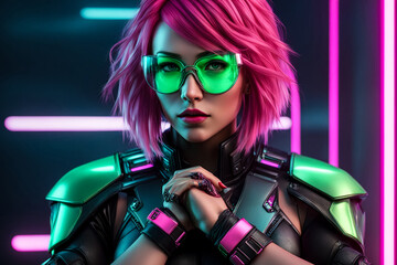 Generative Ai illustration of cyberpunk girl with pink hair in futuristic image with protective green glasses in leather jacket. Fantastic concept. Cartoon illustration. Copy ad text space