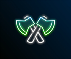 Poster - Glowing neon line Wooden axe icon isolated on black background. Lumberjack axe. Colorful outline concept. Vector