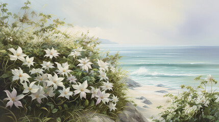 Wall Mural - Clematis swaying by the seaside.