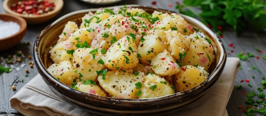 Wall Mural - Rustic-style potato salad with mustard seeds and white filling.