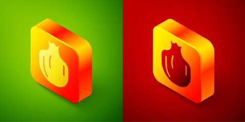 Sticker - Isometric Pomegranate icon isolated on green and red background. Garnet fruit. Square button. Vector