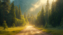 Misty Morning In The Forest, A Dirt Road In The Middle Of A Forest With Sunbeams Shining Through The Trees On Either Side Of The Road Is A Dirt Road With Grass And Trees, Ai Generated Image