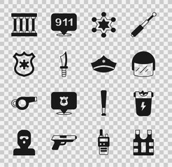 Canvas Print - Set Bulletproof vest, Police electric shocker, helmet, Hexagram sheriff, Military knife, badge, Prison window and cap with cockade icon. Vector