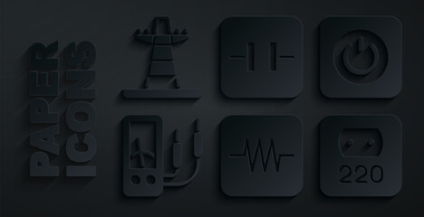 Poster - Set Resistor in electronic circuit, Power button, Ampere meter, multimeter, Electrical outlet, Electrolytic capacitor and tower line icon. Vector