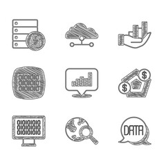 Set Pie chart infographic, Search globe, Data analysis, Financial growth, Binary code, and Server security with padlock icon. Vector