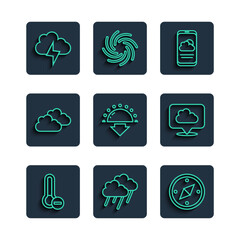 Poster - Set line Meteorology thermometer, Cloud with rain, Compass, Weather forecast, Sunset, Storm and Location cloud icon. Vector