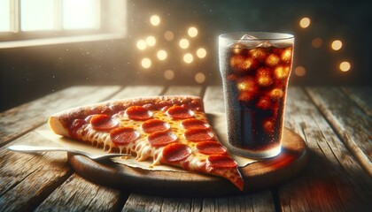 Sticker - AI-generated illustration of a pepperoni pizza slice and soda on a wooden board